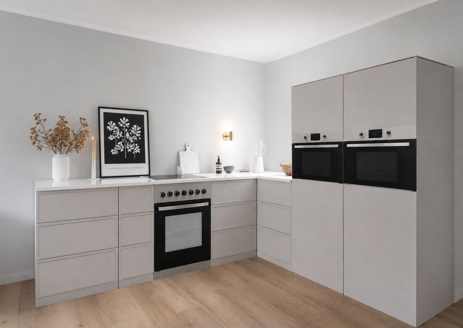 Eckküche aus Pappe 270 × 240 cm – Premium Home Staging Pappküche mit 2 Hochschränken & Herdattrappe