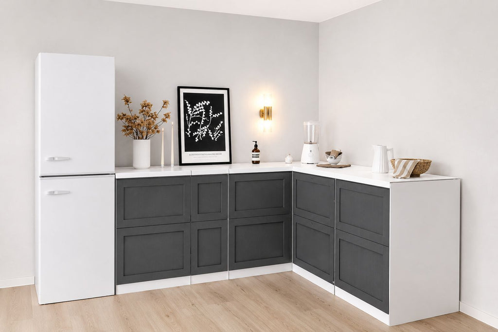 Cuisine d’angle en carton – forme en L 270 × 180 cm avec maquette de réfrigérateur