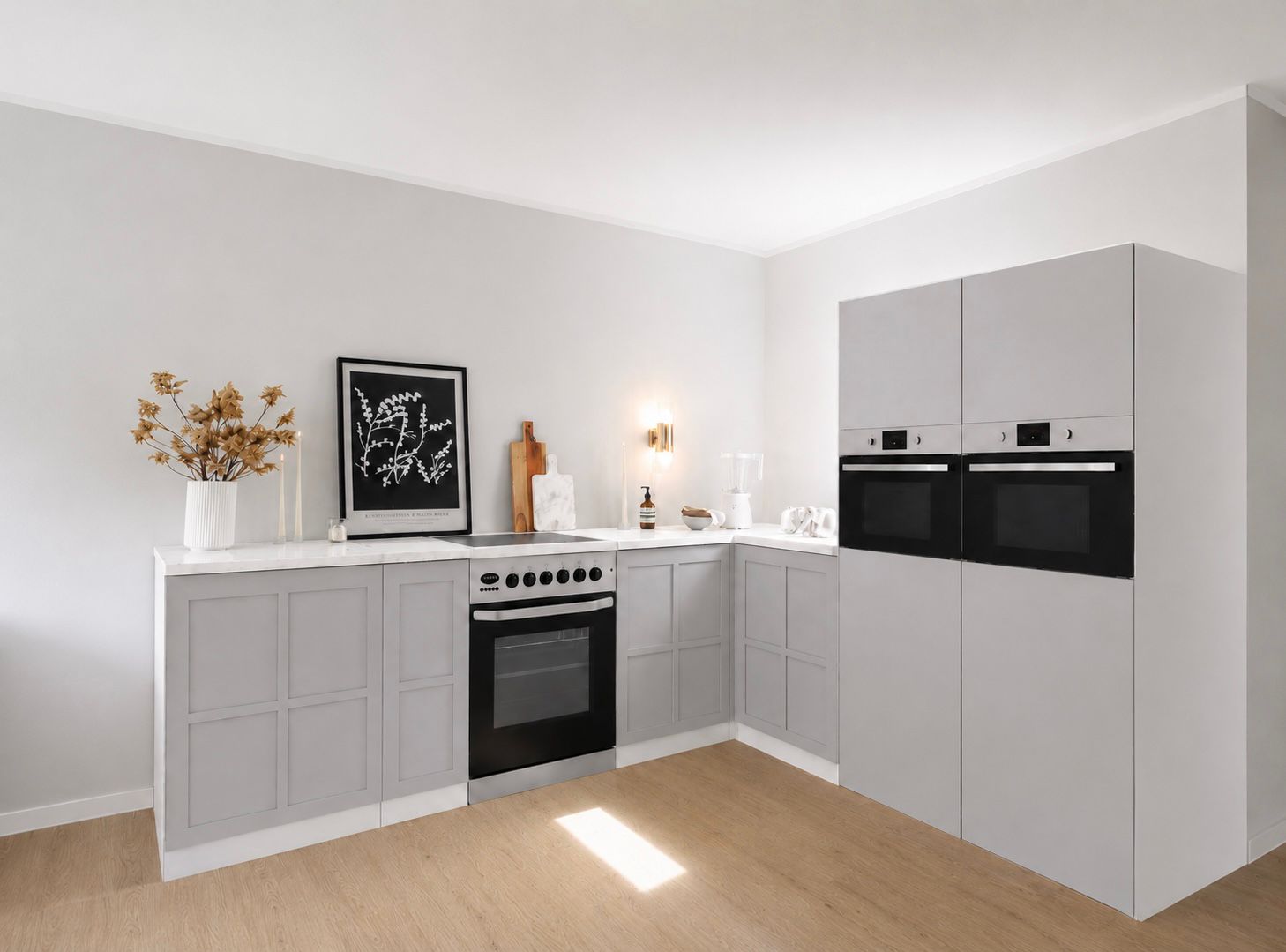 Eckküche aus Pappe 270 × 240 cm – Premium Home Staging Pappküche mit 2 Hochschränken & Herdattrappe